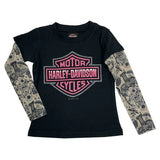Harley-Davidson Little Girls' Glitter B&S Mesh Tattoo Long Sleeve Tee
