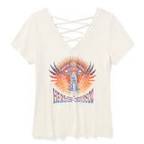 Harley-Davidson Women's Bling Sunset Ride Short Sleeve Laced Back Tee - Cloud Dancer