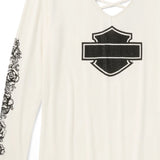 Harley-Davidson Women's Bling Chrome & Roses Long Sleeve Laced Back V Neck Tee - Cloud Dancer