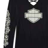 Harley-Davidson Women's Bling Chrome & Roses Long Sleeve Laced Back V Neck Tee - Harley Black