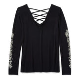 Harley-Davidson Women's Bling Chrome & Roses Long Sleeve Laced Back V Neck Tee - Harley Black