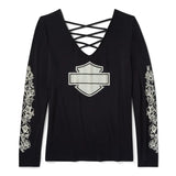 Harley-Davidson Women's Bling Chrome & Roses Long Sleeve Laced Back V Neck Tee - Harley Black